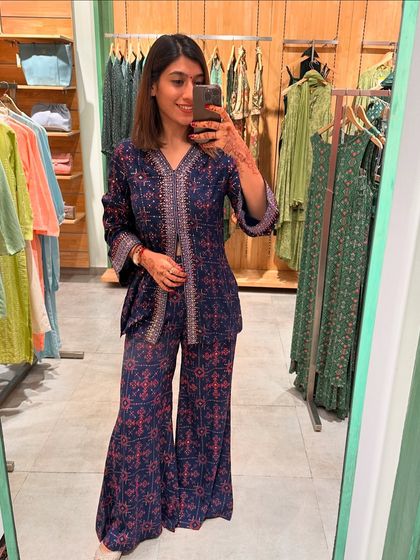 A beautiful navy blue printed co-ord set, perfect for a sophisticated and elegant festive look.