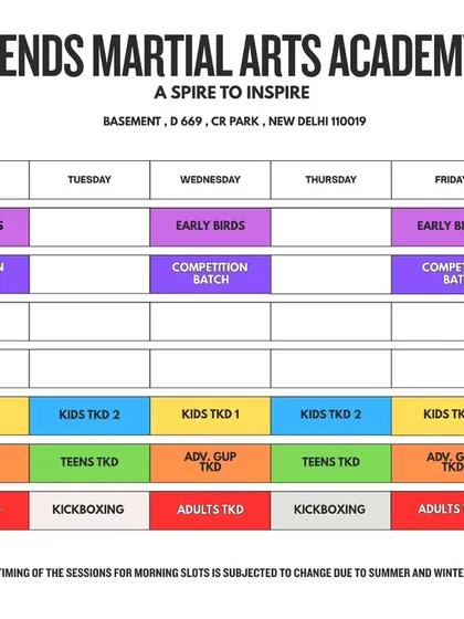 This is our weekly class schedule. We offer a variety of batches to suit different ages and skill levels, including early morning sessions, kids and teens classes, and dedicated competition batches.