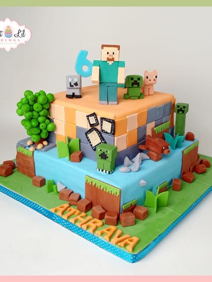 A Minecraft world built entirely of cake. This square, two-level cake features Steve, Creepers, and other game elements in a blocky, pixelated design perfect for a 6th birthday.