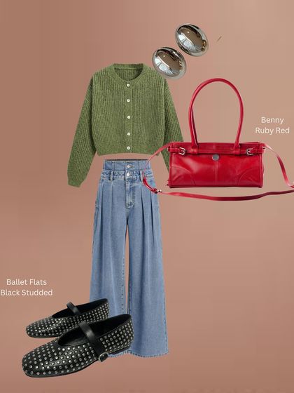 A styling flat lay showing how our black studded ballet flats can anchor a colorful outfit. Paired with a red bag, green cardigan, and light-wash jeans, the shoes add a grounding touch of edge.