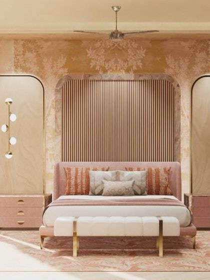A 3D render of a luxurious yet warm parents' bedroom, showcasing a concept that uses salmon pink, brass, and birch veneer. Renders help our clients visualize the space before we begin building.