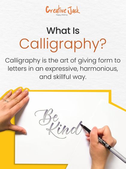 A graphic defining calligraphy as the art of giving form to letters in an expressive and harmonious way, with a hand demonstrating the technique.