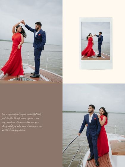 A collage capturing the stylish and romantic vibe of a yacht photoshoot in Goa, complete with a polaroid-style frame for a modern touch.