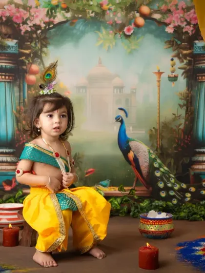 A little boy dressed as Krishna, sitting thoughtfully in a divine setting complete with a peacock and pots of butter. I provide all costumes and props for these sessions.