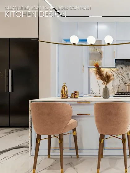 For this kitchen, we combined soft pastel blue cabinetry with bold marble finishes and brass accents. The design includes an island with seating, creating a functional and social hub of the home that is both elegant and practical.