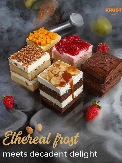 Enter a realm of summer indulgence with my full range of ice cream cakes. This shot features a variety of flavours including mango, strawberry, banoffee, crunchy almond, and rich chocolate.