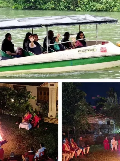 This collage shows the blend of activities in our Kerala retreat, from a peaceful boat ride on the backwaters to a sacred bonfire ceremony at night.