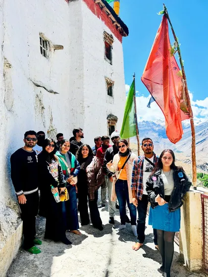 Another great shot of the group at Dhankar Monastery. The mix of ancient architecture, prayer flags, and stunning valley views makes this a favorite spot.