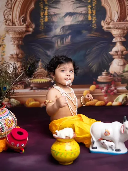 A classic portrait from the Janmashtami baby shoot, with the little one looking innocent and divine.