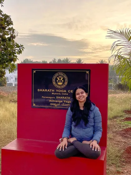 The mandatory photo at the Sharath Yoga Centre in Mysore, the home of Ashtanga yoga. This place feels like a pilgrimage for practitioners.