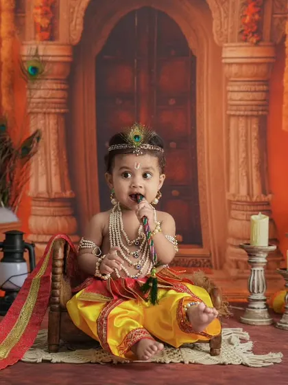 A special themed photoshoot featuring a baby as Little Krishna. I provide detailed, creative setups with all the right props to bring your unique ideas to life.