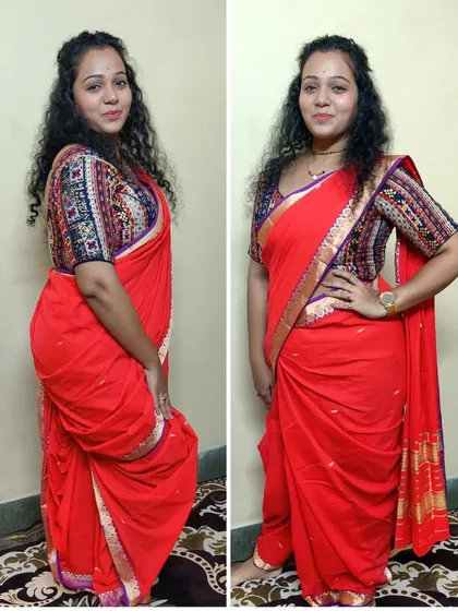 This is a look at the traditional Nauvari style in a simple yet elegant red cotton saree. This drape is versatile and can be adapted for both formal ceremonies and more casual cultural events.