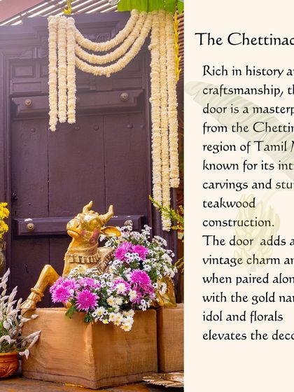 Highlighting a key decor piece: a vintage Chettinad door, which added history and craftsmanship to the 'Sunrise Soirée' theme.