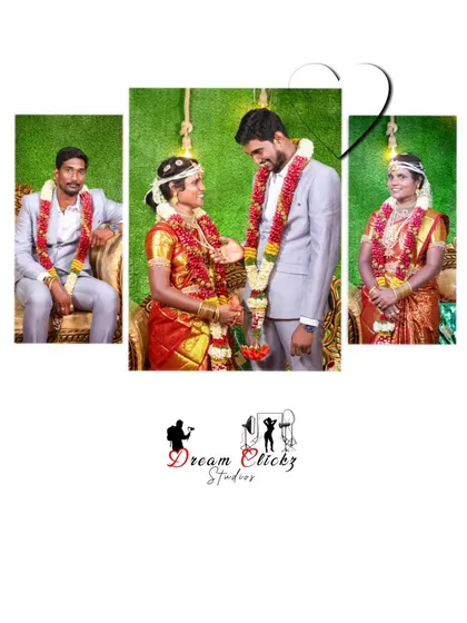 A simple and elegant triptych layout for a wedding album. This design places the focus on the couple's interaction, framed by individual portraits of the bride and groom.