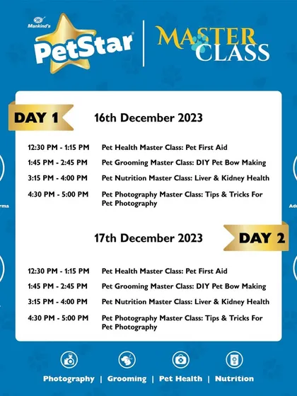 Our masterclasses are designed for everyone. This schedule from a PetFed festival shows a 'DIY Pet Bow Making' class, a fun and practical session perfect for pet parents who want to learn new skills for their furry friends at home.