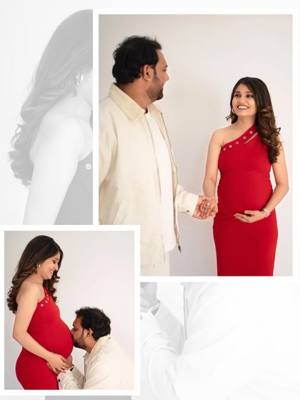 A beautiful collage of a couple's maternity session in red and white. It showcases a variety of romantic poses, including a sweet belly kiss and loving glances.