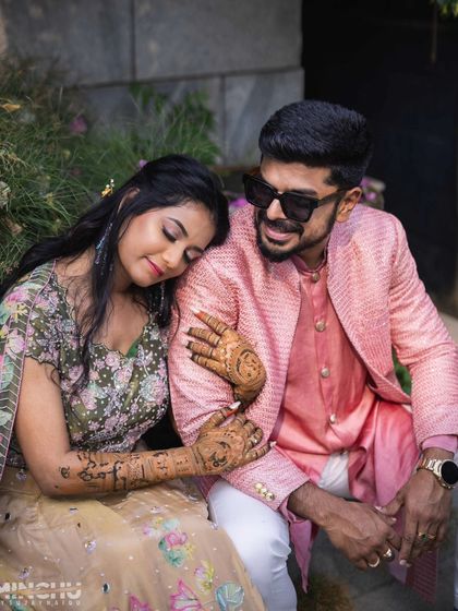 A beautiful collection of photos from Disha and Sumanth's pre-wedding shoot. Her makeup is soft and romantic, perfect for these candid and posed shots in a lovely garden setting.