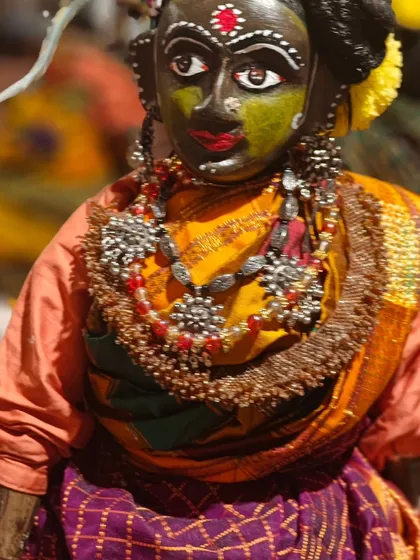 Here is a close-up of one of our handcrafted puppets representing the tribals of Malwa. Every puppet is a labor of love, meticulously carved, painted, and adorned with traditional attire and jewelry. We focus on these details to ensure each character on stage is not just a puppet, but a personality with its own story.