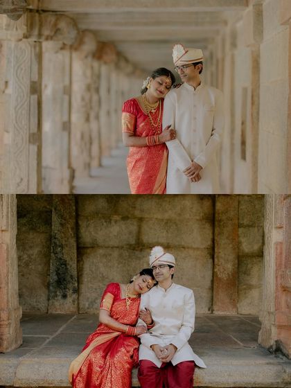 A collage showing two intimate moments within a temple's stone corridors. These shots capture the quiet connection between the couple amidst a historic backdrop.