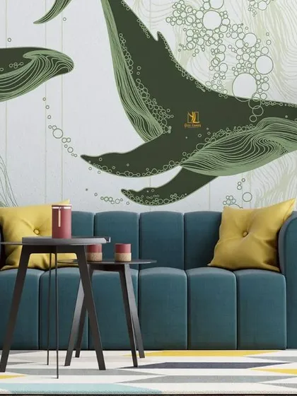 A variation of the whale design in a solid green color, giving it a more graphic and modern feel. It pairs beautifully with the contemporary blue sofa and yellow accents.
