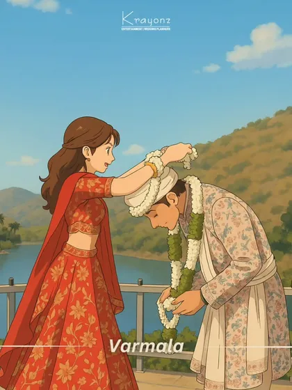 A Ghibli-inspired illustration of the Varmala ceremony, capturing the romance of the moment against a scenic, animated backdrop.