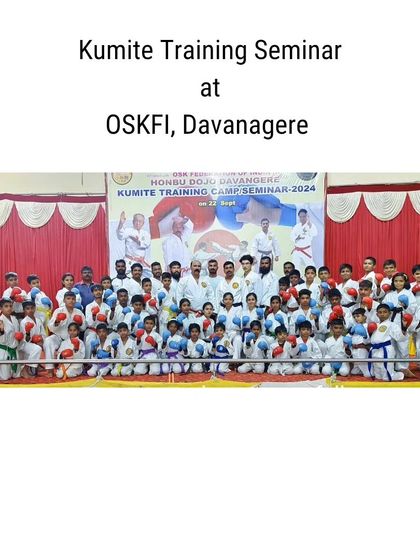 A group photo from our Kumite (sparring) training seminar at our Davanagere branch, with over 50 participants.