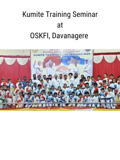 A group photo from our Kumite (sparring) training seminar at our Davanagere branch, with over 50 participants.