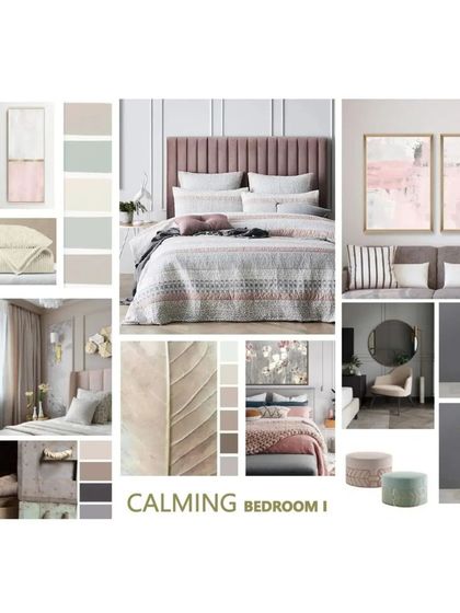 A calming bedroom mood board that blends soft pink and grey tones with plush textures and artistic touches to create a serene and stylish personal space.