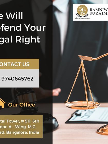 We will defend your legal right. This image provides our contact information and office address, inviting you to reach out to our team at Mittal Tower on M.G. Road, Bangalore.