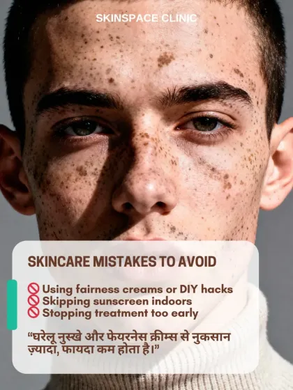 Avoid common skincare mistakes like using fairness creams or DIY hacks and skipping sunscreen indoors. These can worsen pigmentation. Professional guidance is key to achieving real, lasting results.