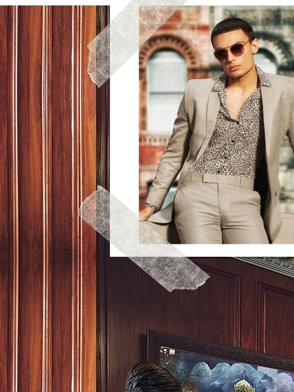 This creative collage for a John Jacobs Eyewear campaign showcases a cool, confident look. The model's leopard print shirt and tailored suit are styled to complement the bold sunglasses, creating a modern, edgy vibe.