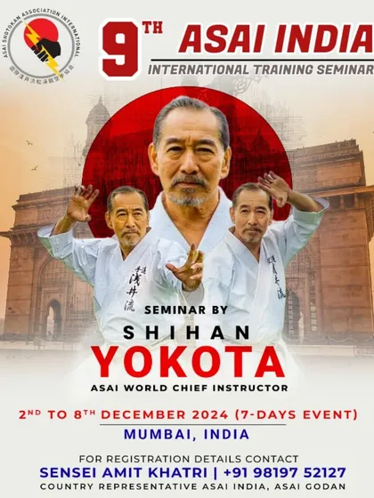 The official poster for the 9th Asai India International Training Seminar, led by Shihan Yokota. This 7-day event in Mumbai is a rare opportunity for practitioners to learn from a world-renowned master.