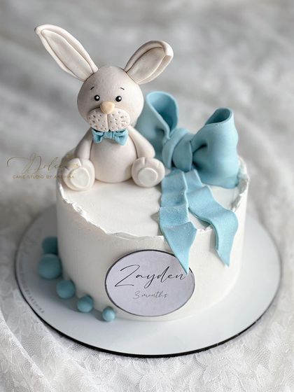 Another view of the 3-month bunny cake. The focus here is on creating a really cute and well-proportioned fondant character.