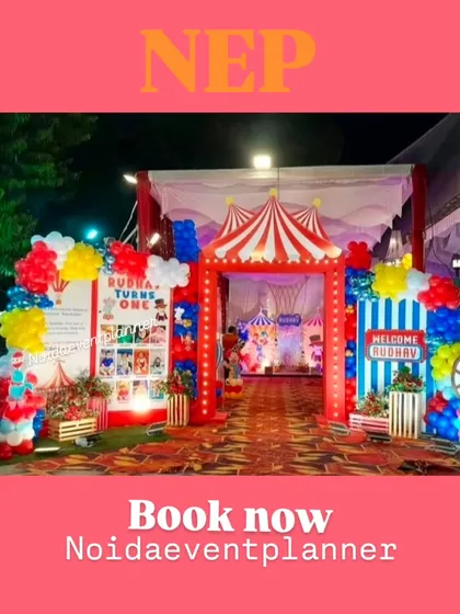 We design a complete themed entrance, including a personalized welcome board and a circus tent entryway, to make guests feel like they're stepping right into the main event.