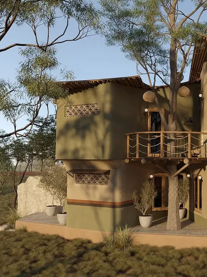 I designed the buildings to incorporate existing trees wherever possible. Here, a balcony is built around a tree, creating a unique treehouse feel and reinforcing the deep connection between the living space and the natural world.