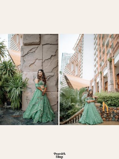 A diptych of the bride posing in her green Mayra ceremony lehenga, showcasing her full outfit and the beautiful resort setting.
