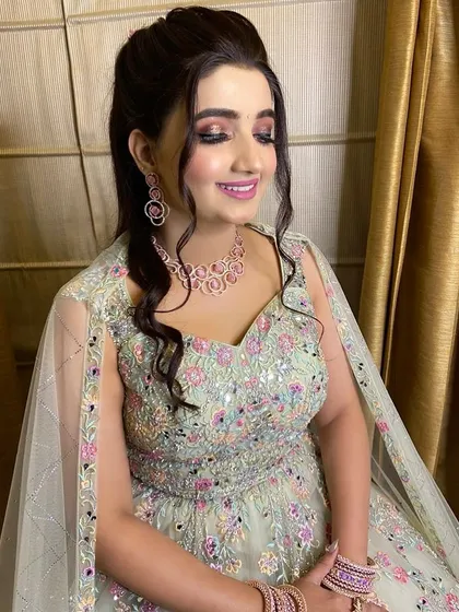 A close-up of her engagement makeup. I used a soft pink eyeshadow and a matching lip color to create a harmonious and khoobsurat look.