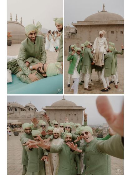 A collage of the groomsmen having fun. From playful roughhousing to taking a group selfie, these shots capture the joyous and chaotic energy of the groom's crew.