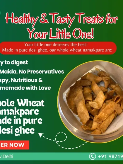 Looking for a healthy snack for your little one? My whole wheat namakpare are made in pure desi ghee, with no maida or preservatives. They are crispy, nutritious, and easy to digest.