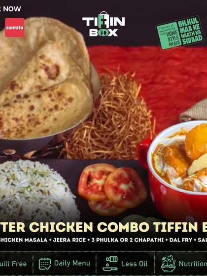 Another look at our popular Butter Chicken Combo Tiffin Box. You get rich Butter Chicken Masala, Jeera Rice, Dal Fry, salad, and soft breads, all packed neatly for you.