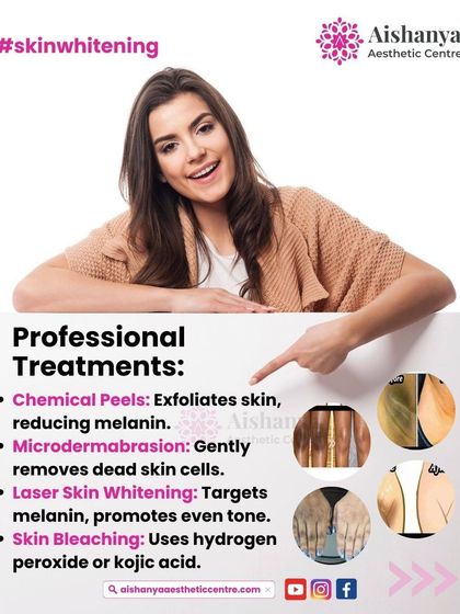 For those looking for professional skin whitening and brightening, this graphic lists some of the most effective treatments. These include chemical peels, microdermabrasion, and laser whitening to reduce melanin and even out skin tone.