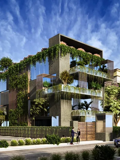 This visualization showcases a unique "green facade" concept, where architecture is intertwined with nature. Our rendering focuses on the detailed foliage cascading down the building, demonstrating our ability to execute complex and organic designs.