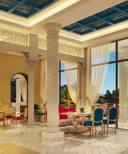 This rendering shows the full scope of the design for the IHCL restaurant. The grand columns, decorative ceilings, and carefully curated furniture come together to create a space that is a testament to timeless elegance.