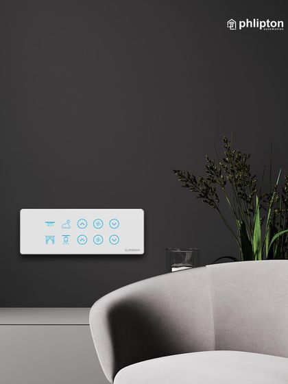 My white smart panel is shown here against a dark, minimalist wall, proving that one switch is all you need to control your vibe and complement your interior design.