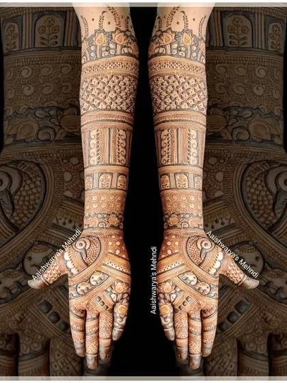 This is a very traditional and intricate bridal design, filled with fine lines and detailed patterns like peacocks and elephants, covering the hands and arms completely.