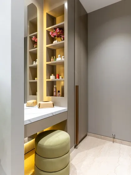 This bespoke vanity nook is all about refined routines and quiet luxury. From the sleek marble countertop to the soft glow of recessed lighting, every detail is designed to celebrate self-care in style.