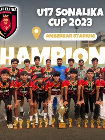 Champions of the U-17 Sonalika Cup 2023, posing with their trophies at Ambedkar Stadium.