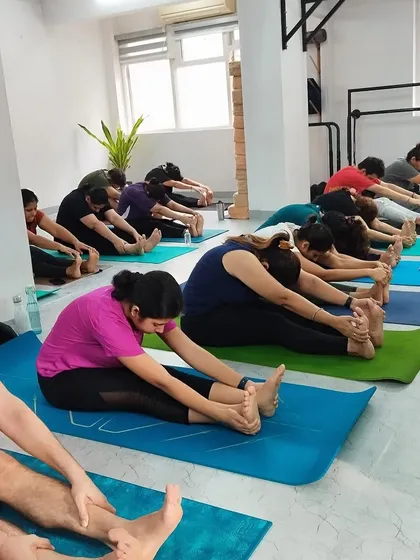 Participants in a seated forward bend, Paschimottanasana. This view highlights the length of the studio and its ability to host a well-organized and spacious group session.