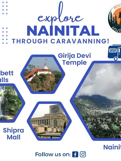 This graphic outlines the key destinations you can explore while caravanning through Nainital. We plan stops at places like Corbett Falls, Girija Devi Temple, and Shipra Mall for a complete travel experience.