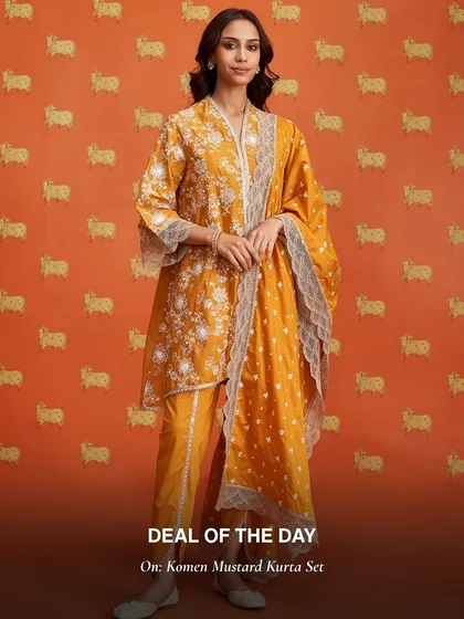 The Komen Mustard Kurta Set is a deal of the day. This warm, sunny color is perfect for the festive season.